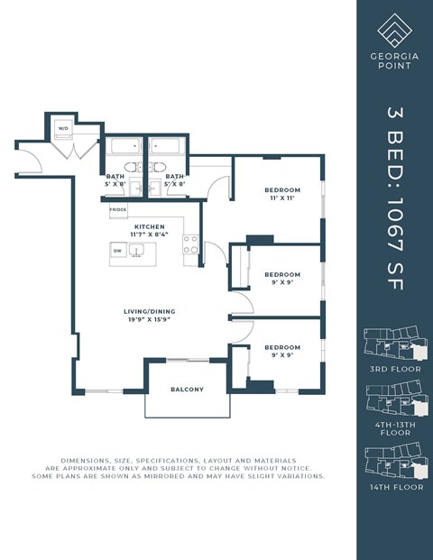 Floor plan for 3 beds, 2 baths, 1067 sqft